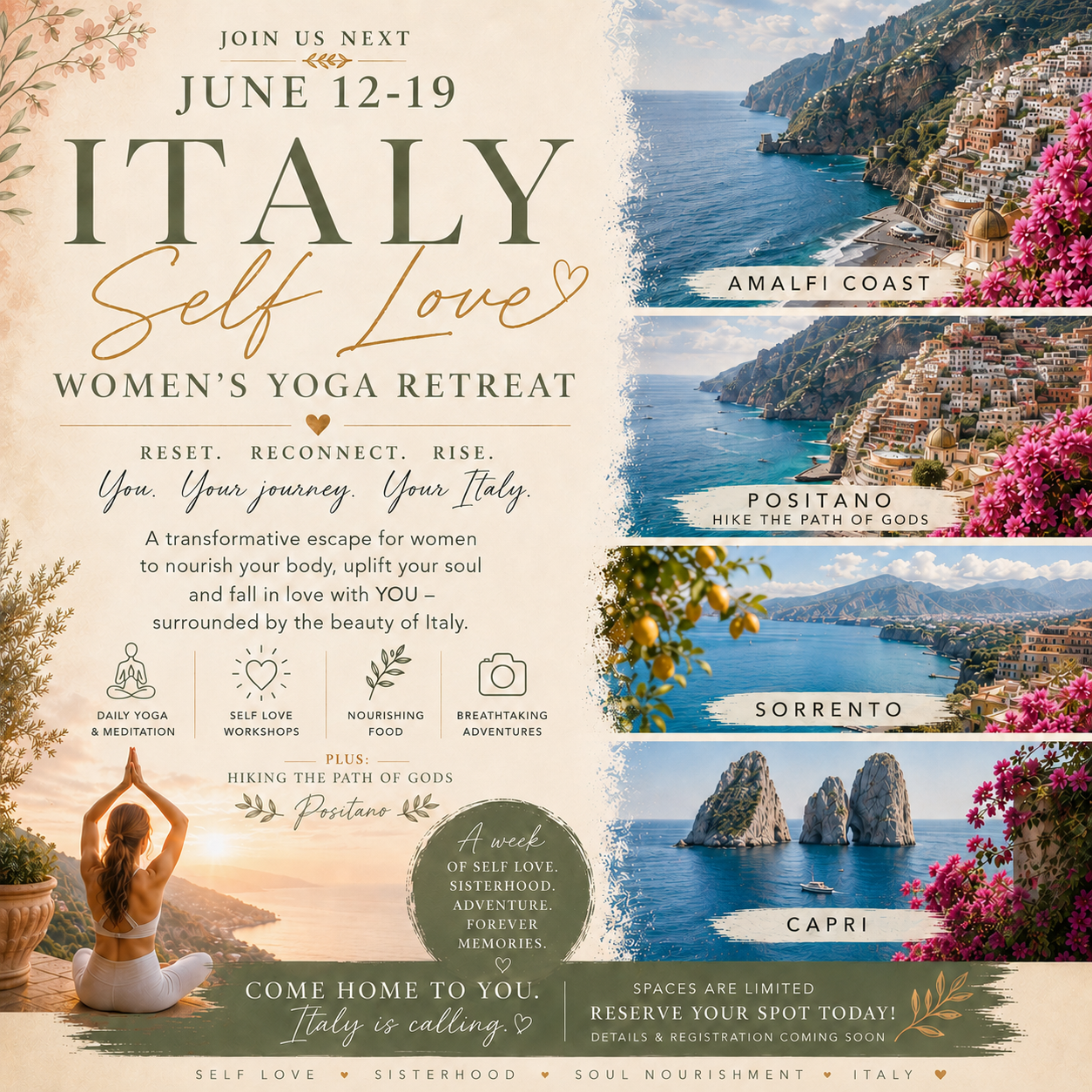 Italy Self Love Women's Yoga Retreat flyer